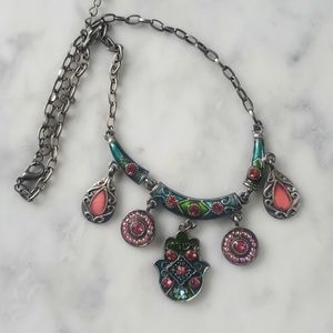 Karshi Hasma enamel and pink rhinestone necklace